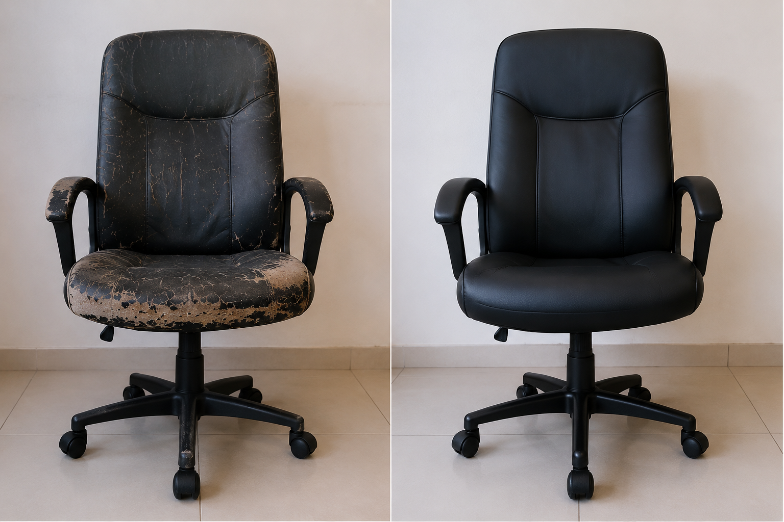 Antes e depois de cadeira de escritório reformada