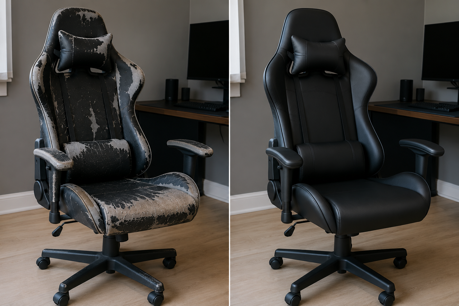 Antes e depois de cadeira gamer reformada